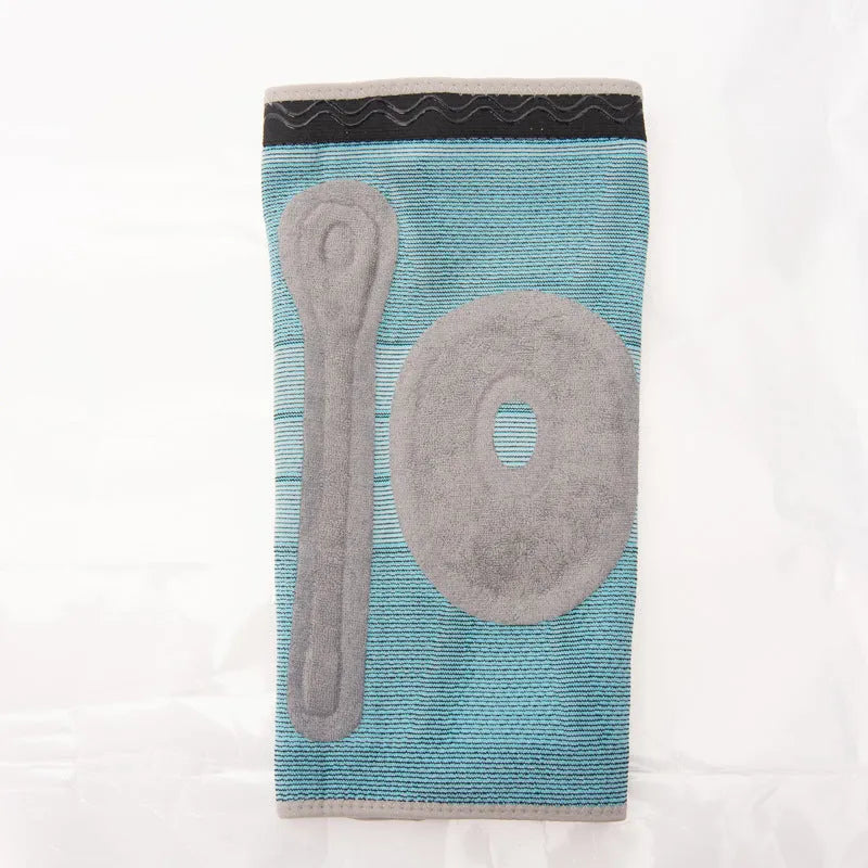 Sky blue silicone knee pad for sports, shown with elastic fibre strap and protective knee section.