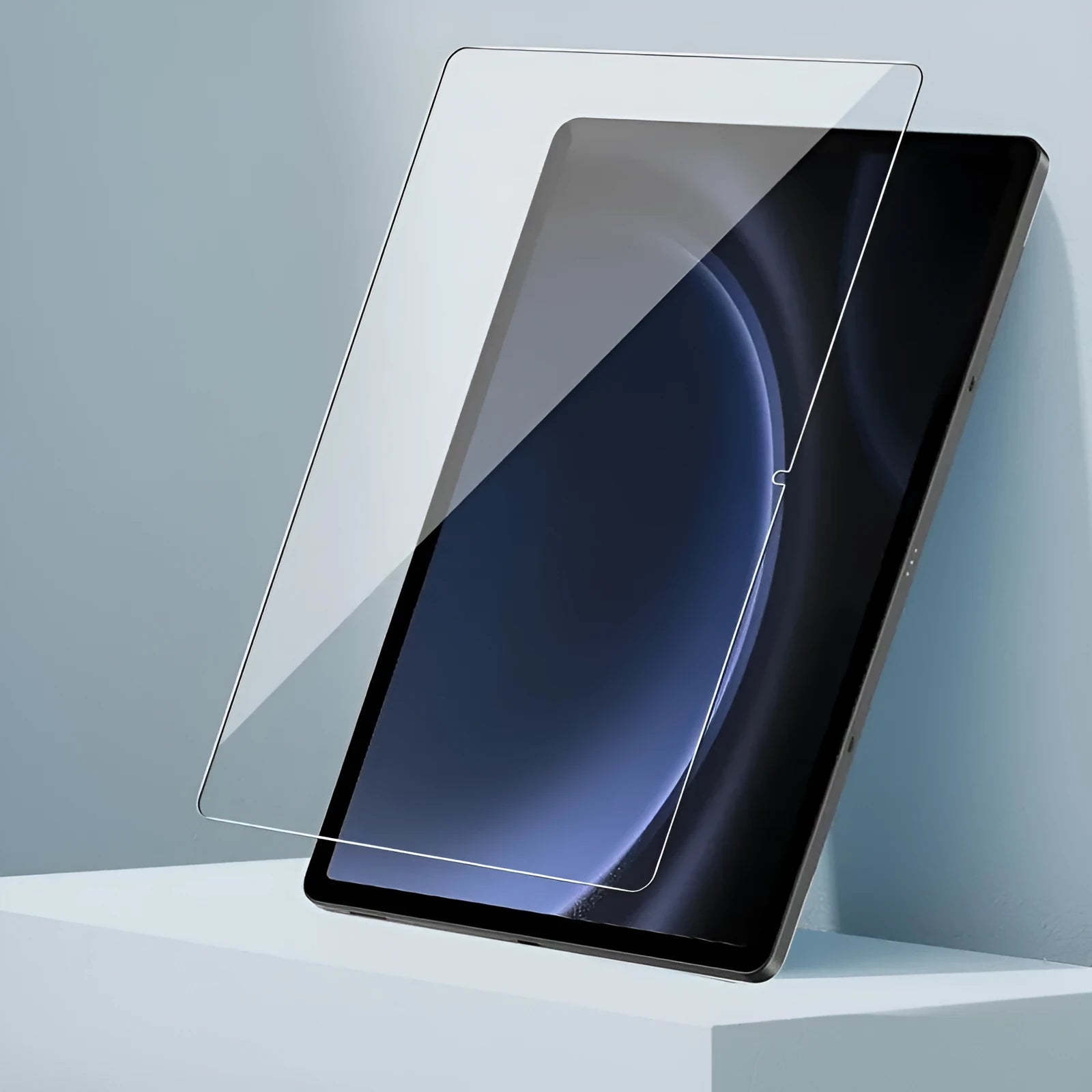 Tempered glass screen protector for Samsung Galaxy tablet showing HD clarity and edge design.