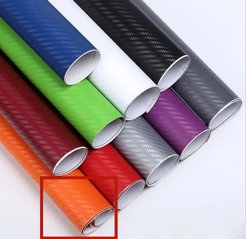 Roll of 3D carbon fiber car decoration sticker showing textured surface in multiple colour options