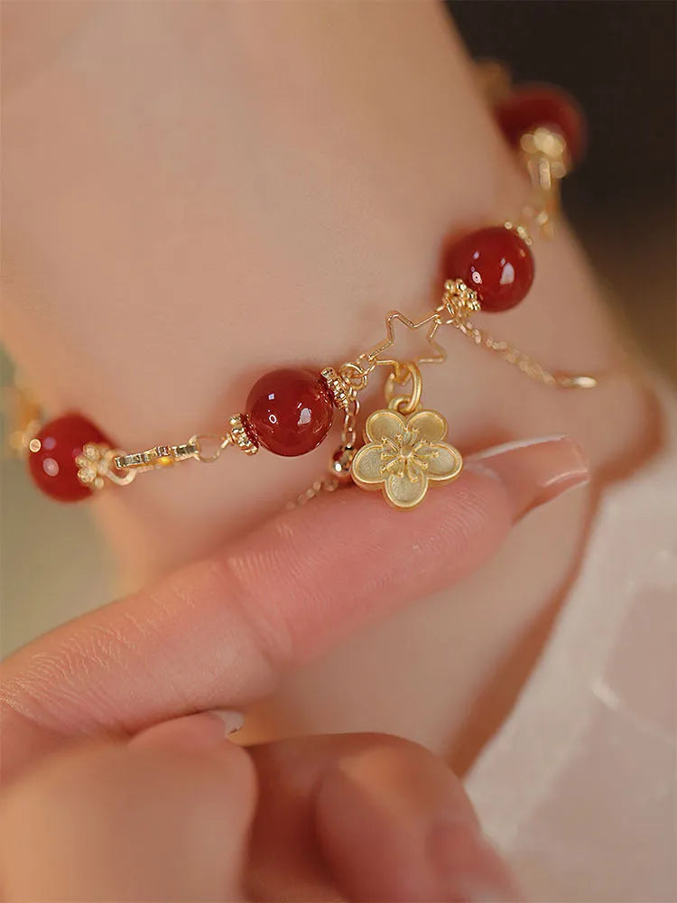 Women's red agate double layer ethnic fashion bracelet with floral peach blossom design elements