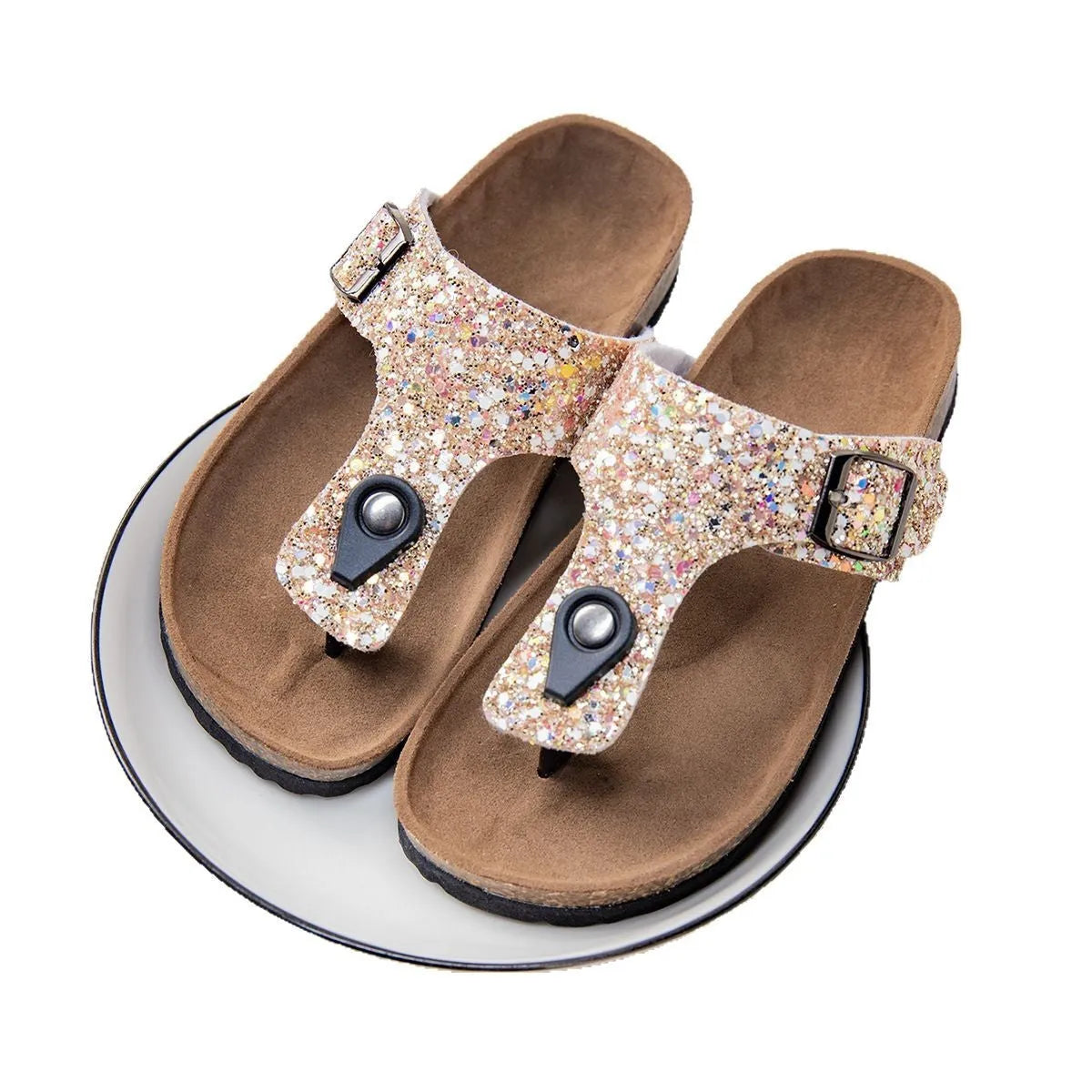 Gold pink silver cork flip-flops with waterproof artificial leather uppers and non-slip PVC soles