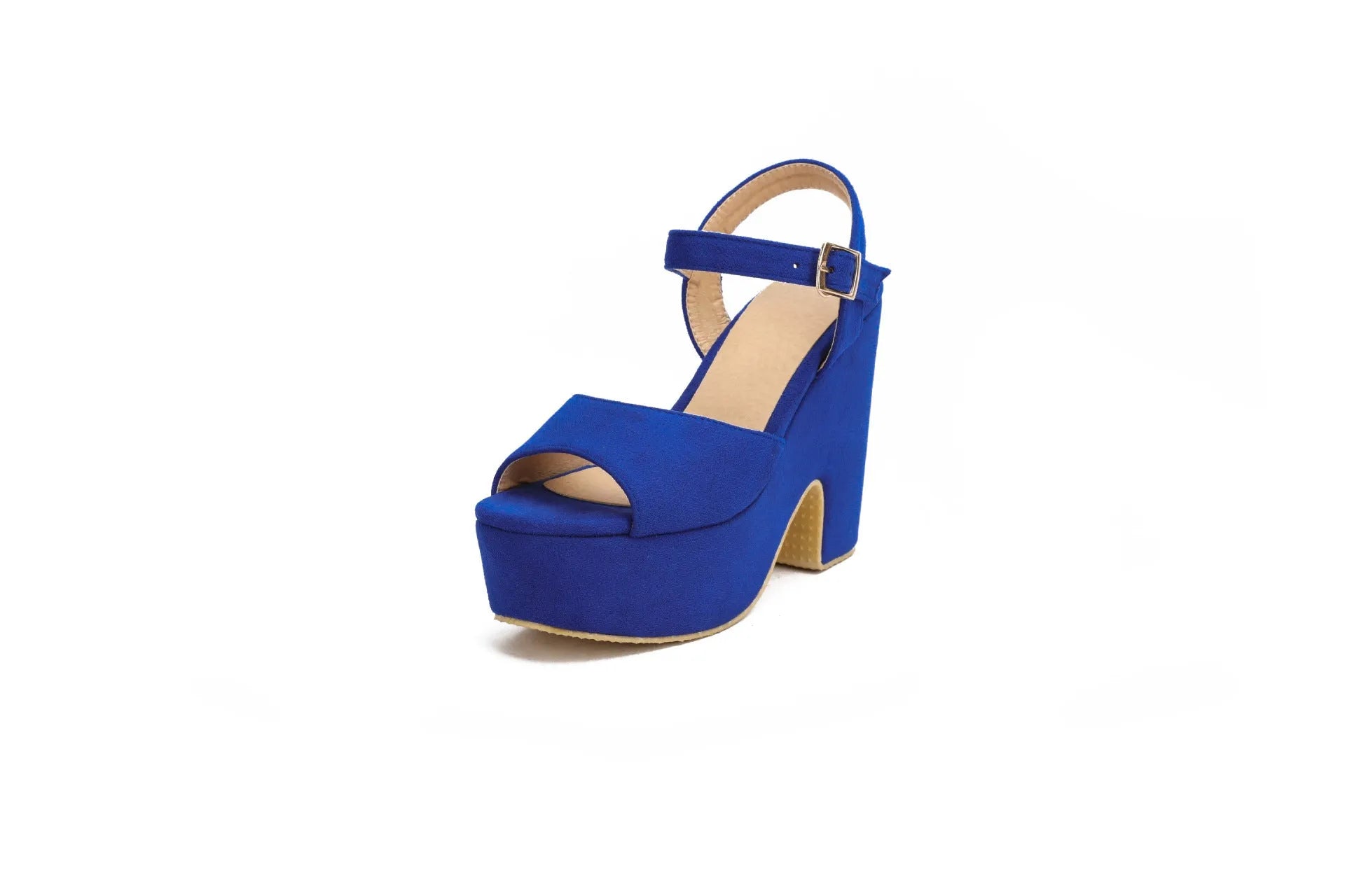 Plus size women's platform sandals with ankle strap, suede upper, open toe, round toe holder, black colour