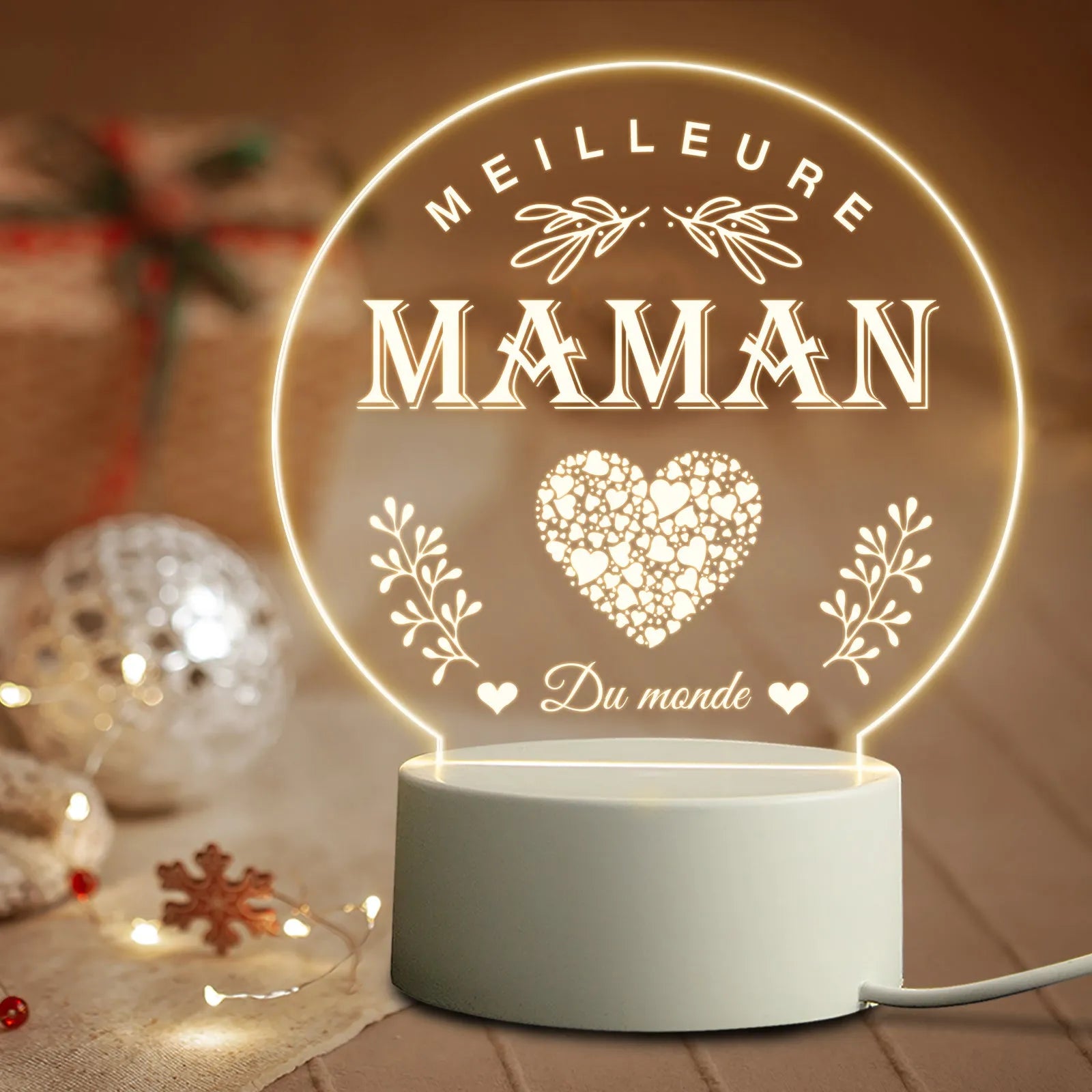 Acrylic LED night light with warm light on white base, USB powered, modern minimalist bedside decoration
