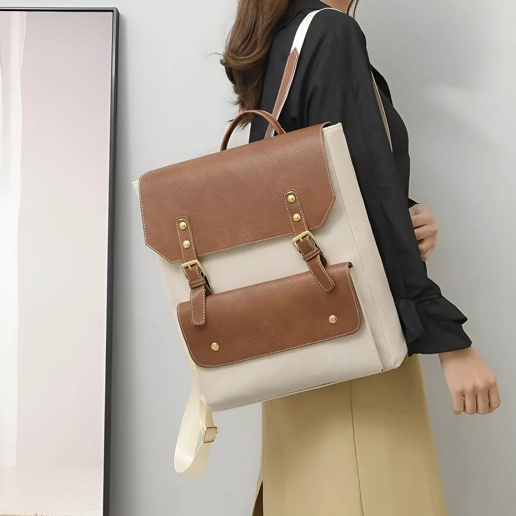Korean style retro backpack in soft PU material, shown in creamy white colour.