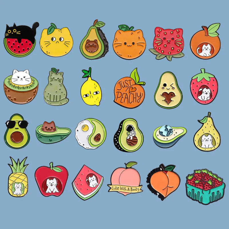 Colourful cartoon fruit and letters design on a zinc alloy metal brooch with pin clasp.