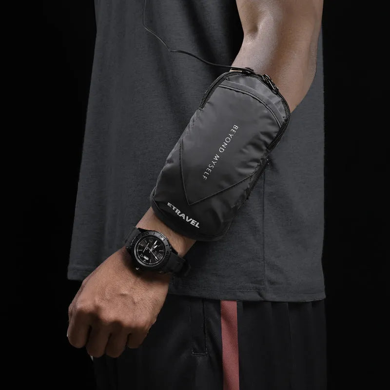 Running arm bag with reflective strips showing 7-inch capacity and polyester lining
