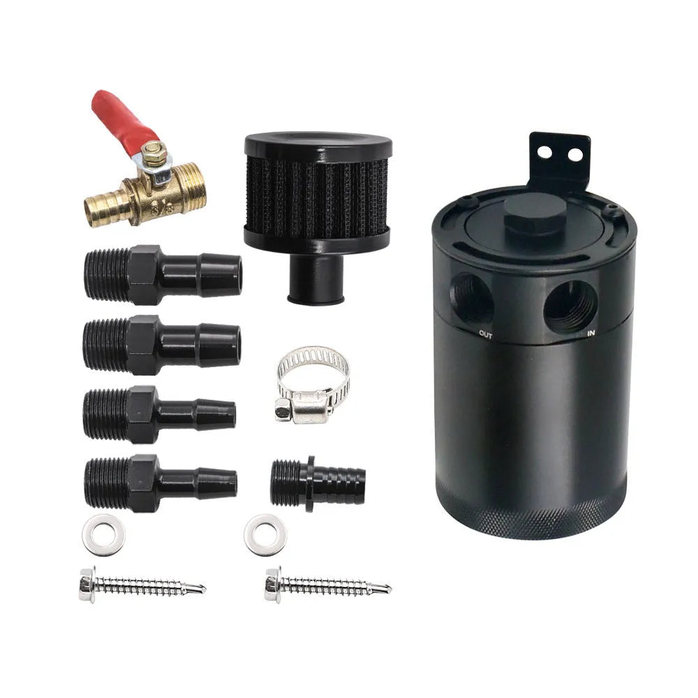 Black and silver aluminium automotive oil pot with two-hole breathable design
