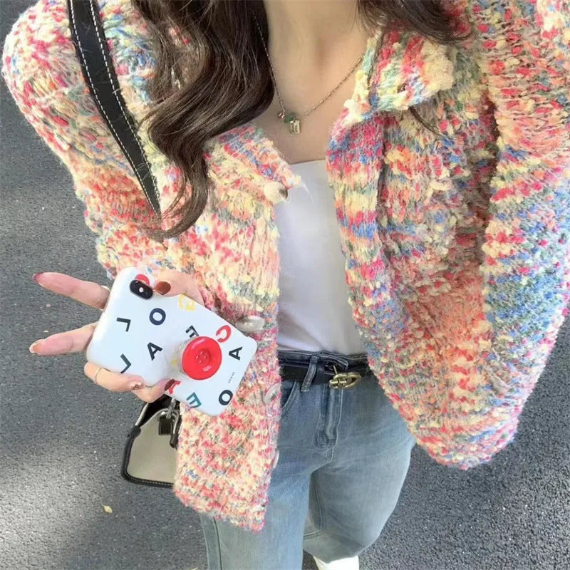 Retro rainbow pattern knitted cardigan sweater in acrylic with pink and green colour options