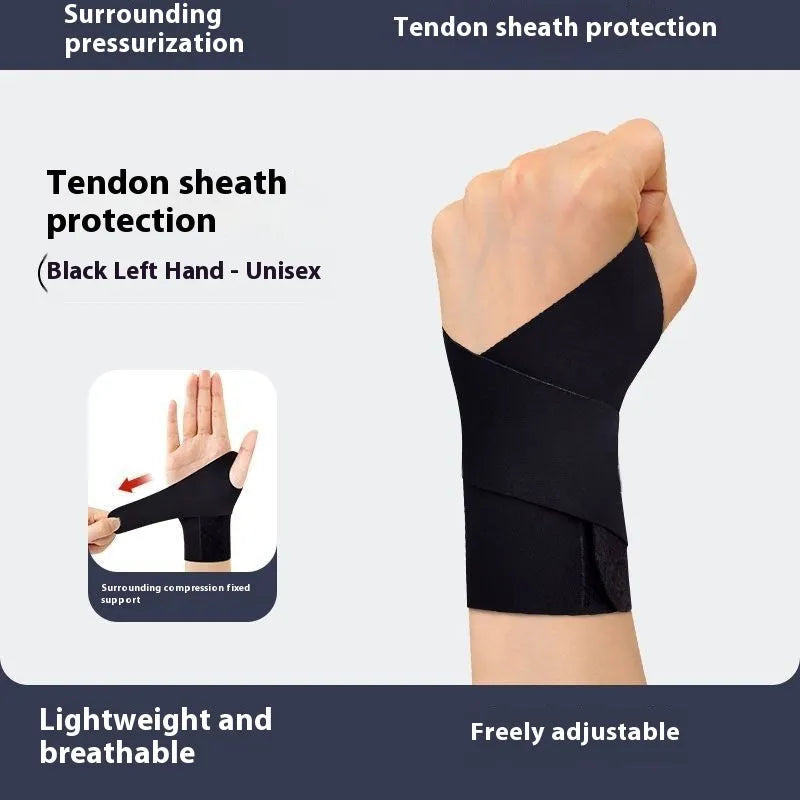 Adjustable athletic wristguard for sports like badminton and tennis, shown in black colour.