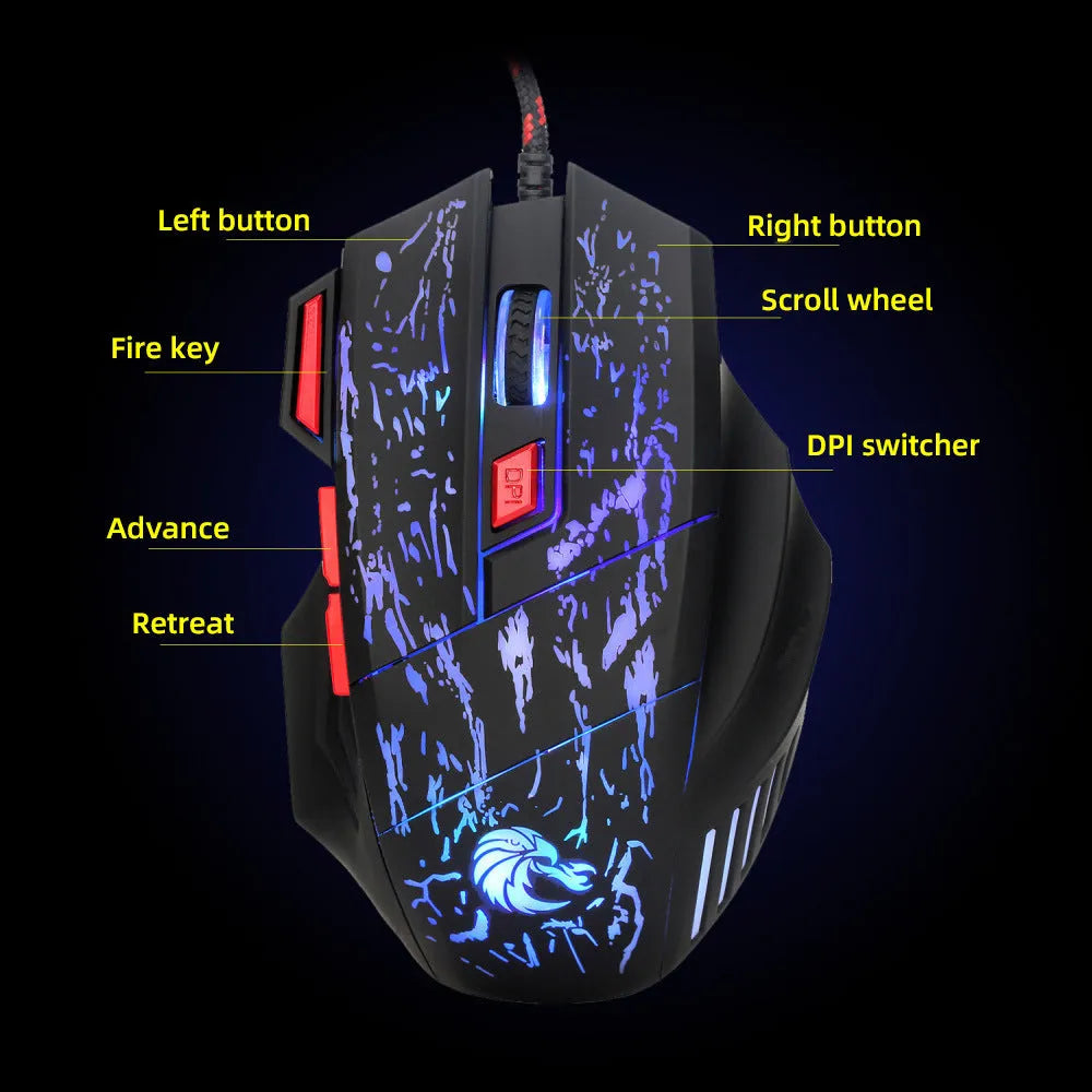 Water Crack colourful luminous gaming mouse with wired USB connection and ergonomic design