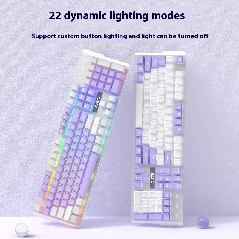 Purple and white mechanical keyboard and mouse wired combo set with backlight illumination