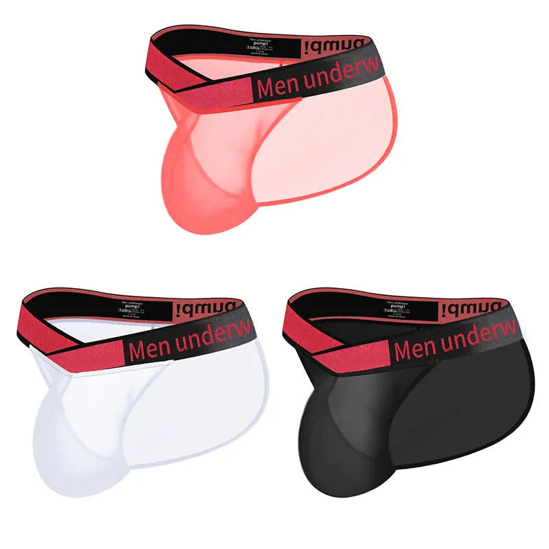 Men's red transparent ice silk breathable underwear briefs with large V gradient high fork design on white background