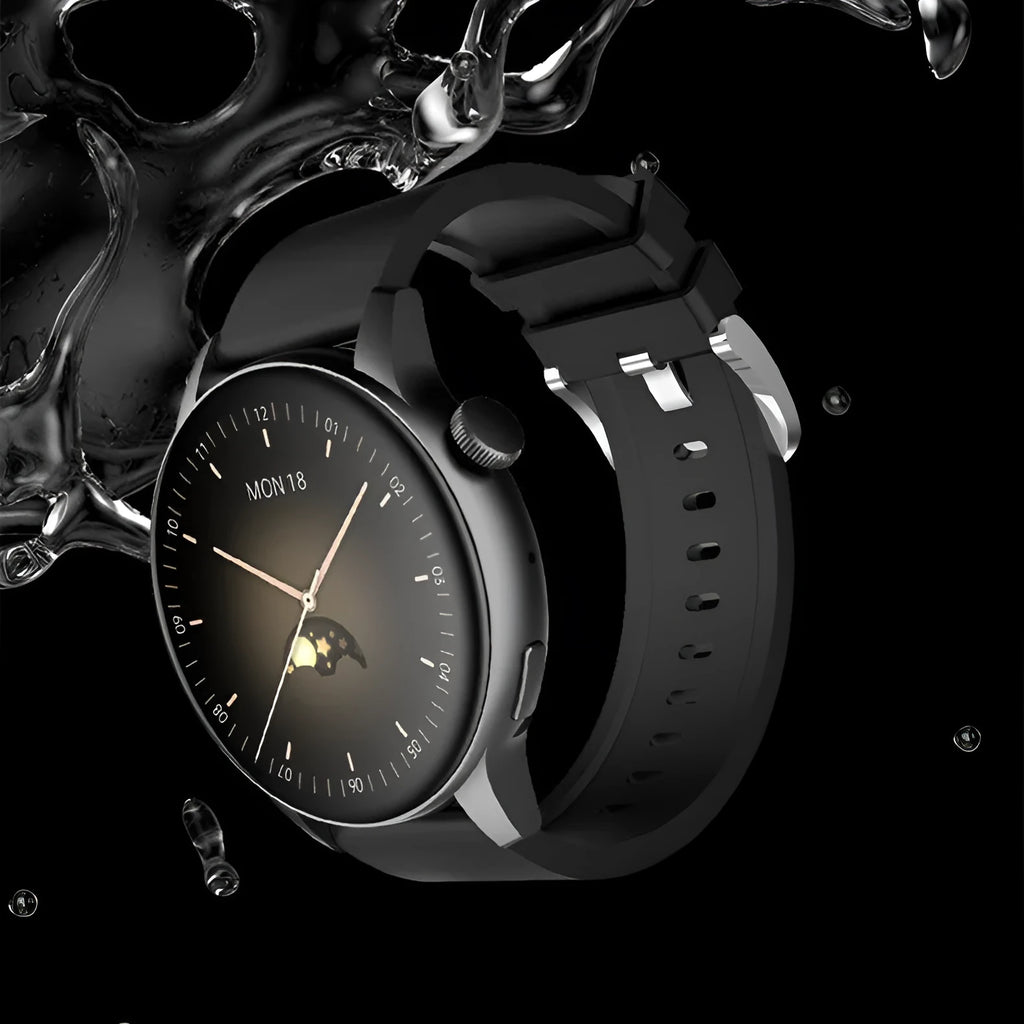 Black smart watch with square stainless steel case and colour touch screen on wrist.