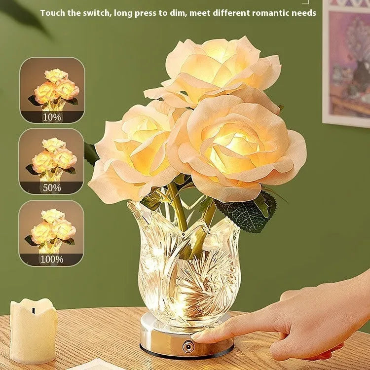 Crystal flowers touch dimmable table lamp with USB charging cable on bedside table