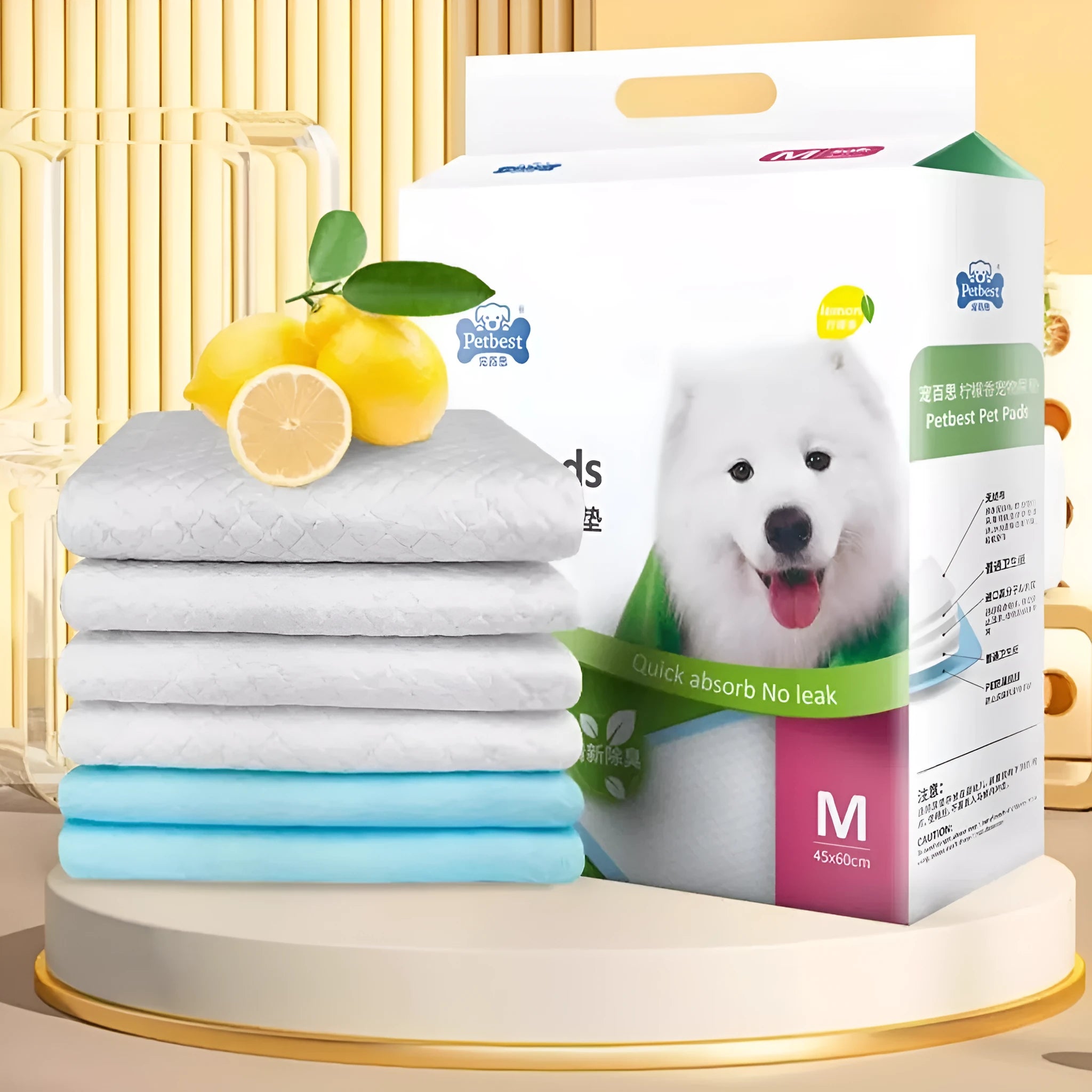 Pack of thickened dog urine pads showing adhesive backing and bamboo charcoal deodorising variant