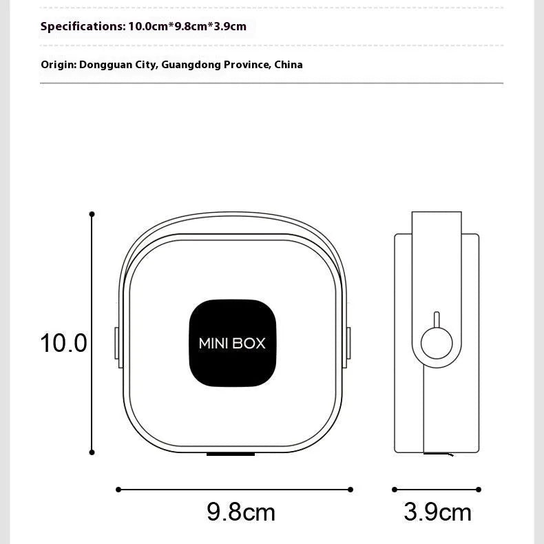 Medium-sized polypropylene storage box with a lid for organising cables and a Bluetooth headset.