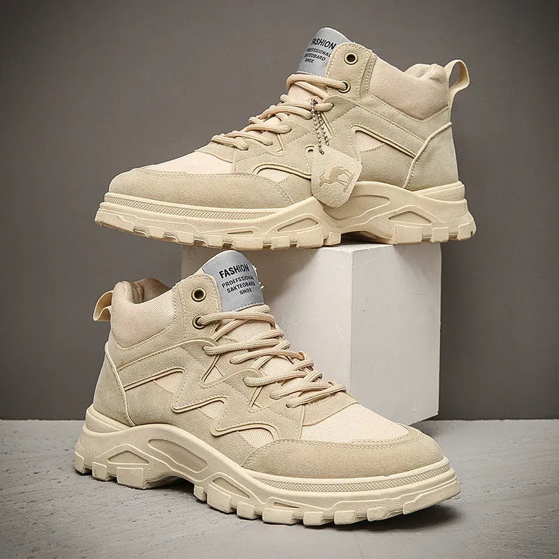 Men's thick sole high-top Martin boots in beige, side view showing lace-up and round toe