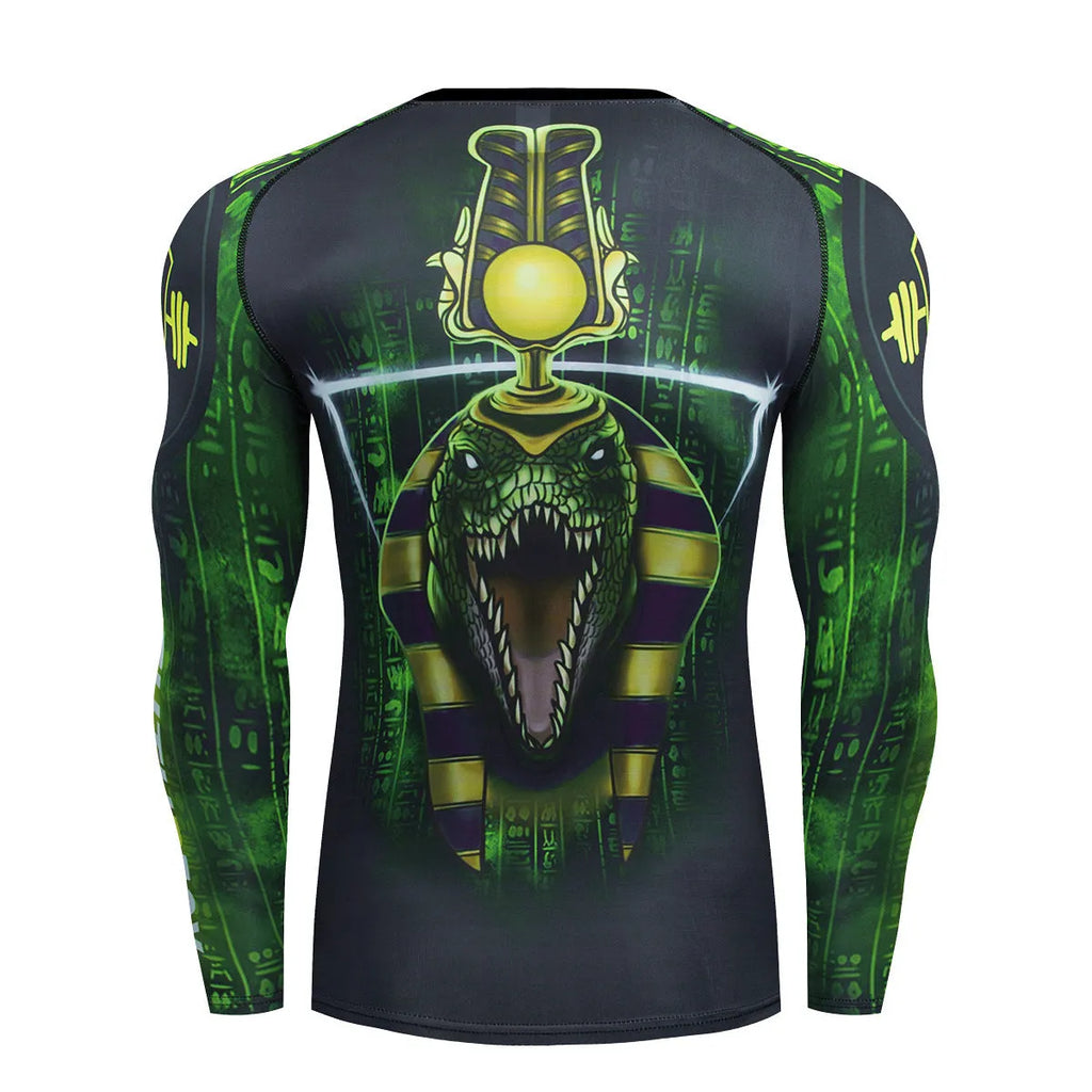 Grey printed men's slim-fit long sleeve sports top and matching trousers set for gym and running.