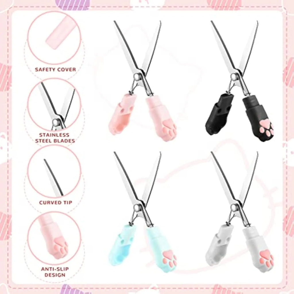 Cat paw mini folding craft scissors in four colours: black, blue, pink, and white, showing closed and open positions.