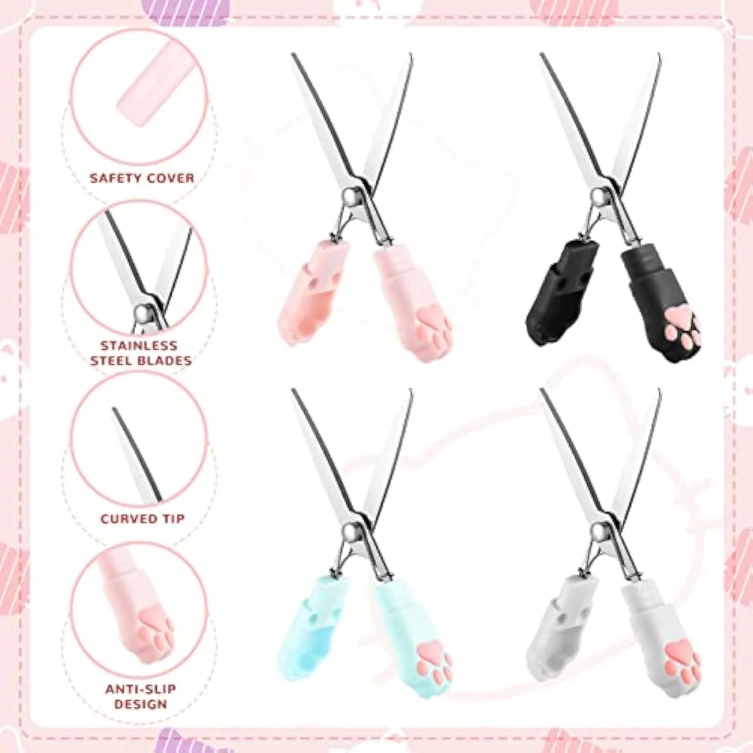 Cat paw mini folding craft scissors in four colours: black, blue, pink, and white, showing closed and open positions.