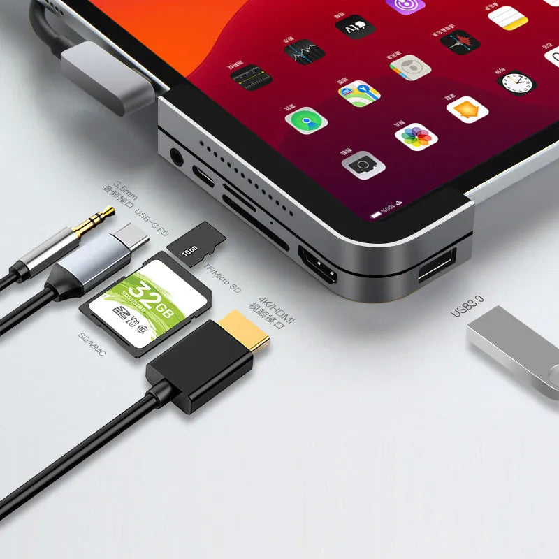 Silver aluminium grey USB-C 6-in-1 docking station for iPad Pro tablets