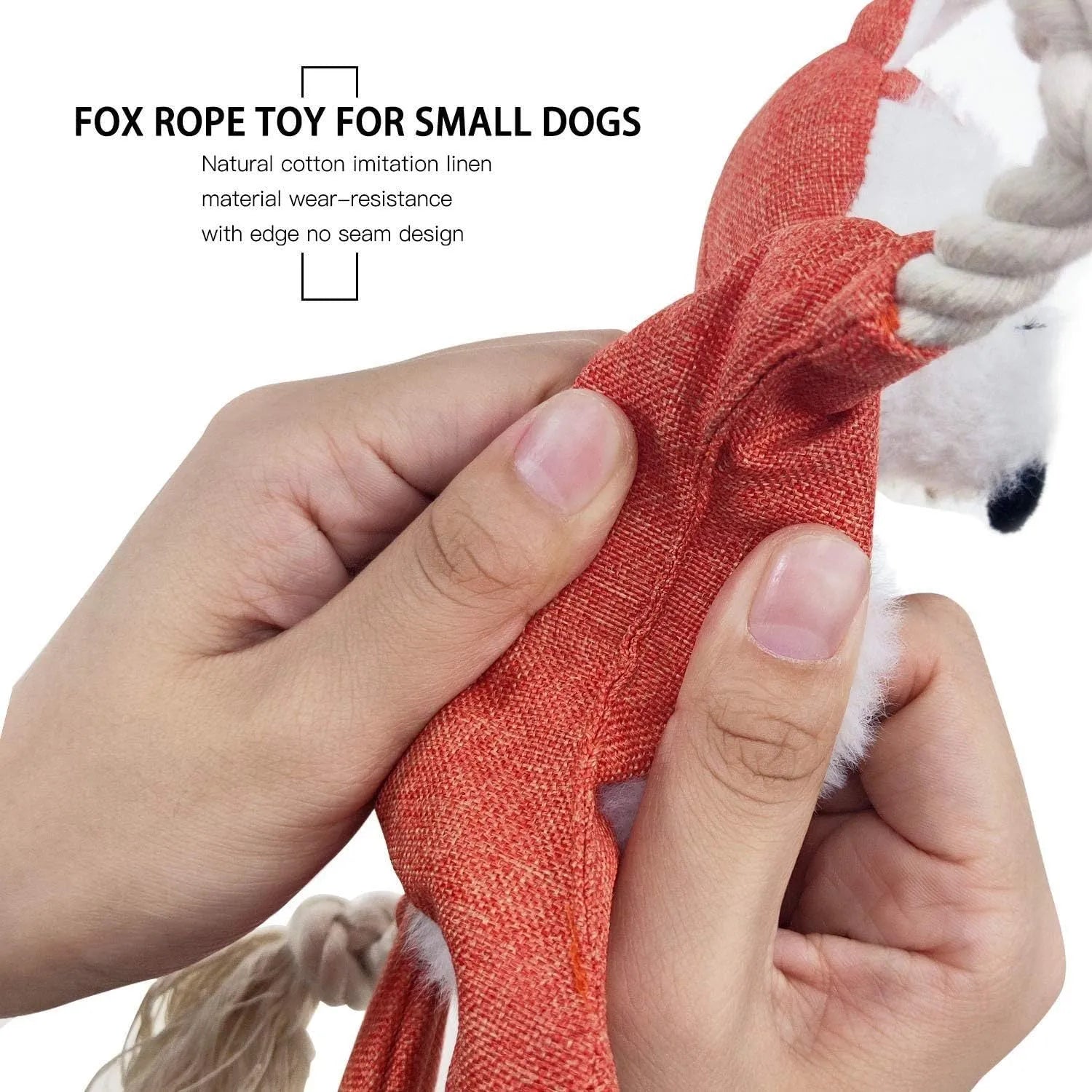 Brown fox-shaped dog toy with embroidered eyes, cotton rope limbs, and squeaker crinkle features