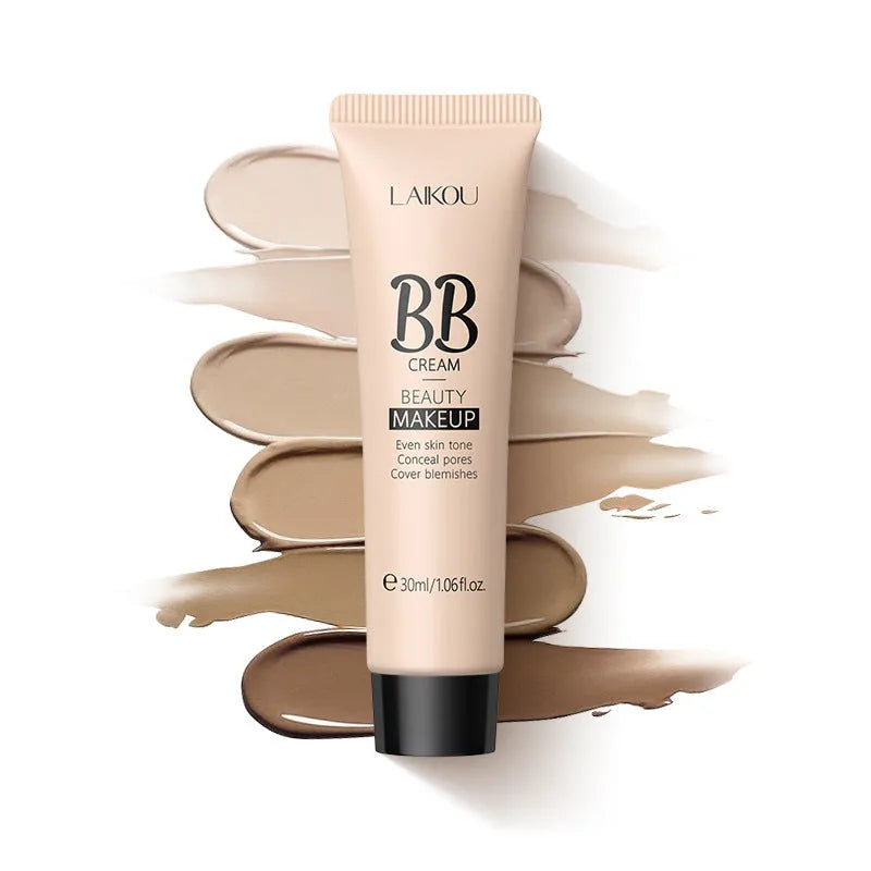 30ml BB cream bottle showing nine colour shades from ivory white to brown for natural makeup coverage