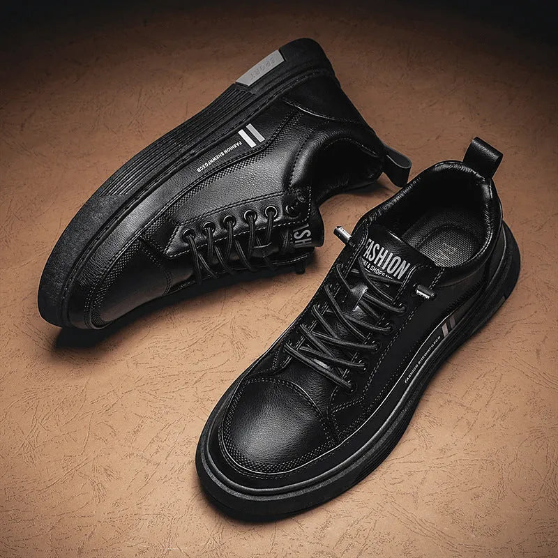 Men's black and white low-top skate shoes with elastic band and rubber soles