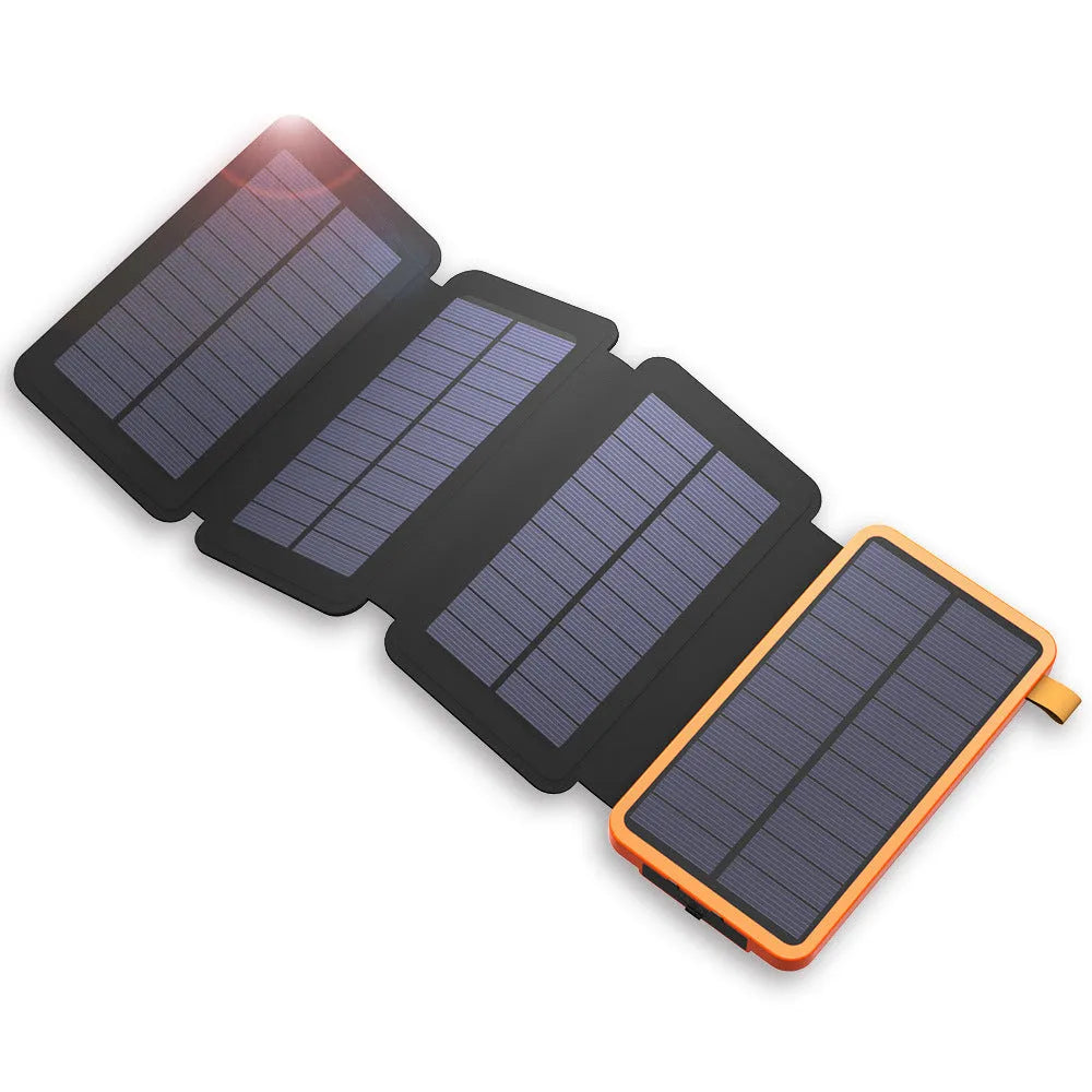Outdoor rainproof solar phone charger with LED light in black, blue, green, or orange