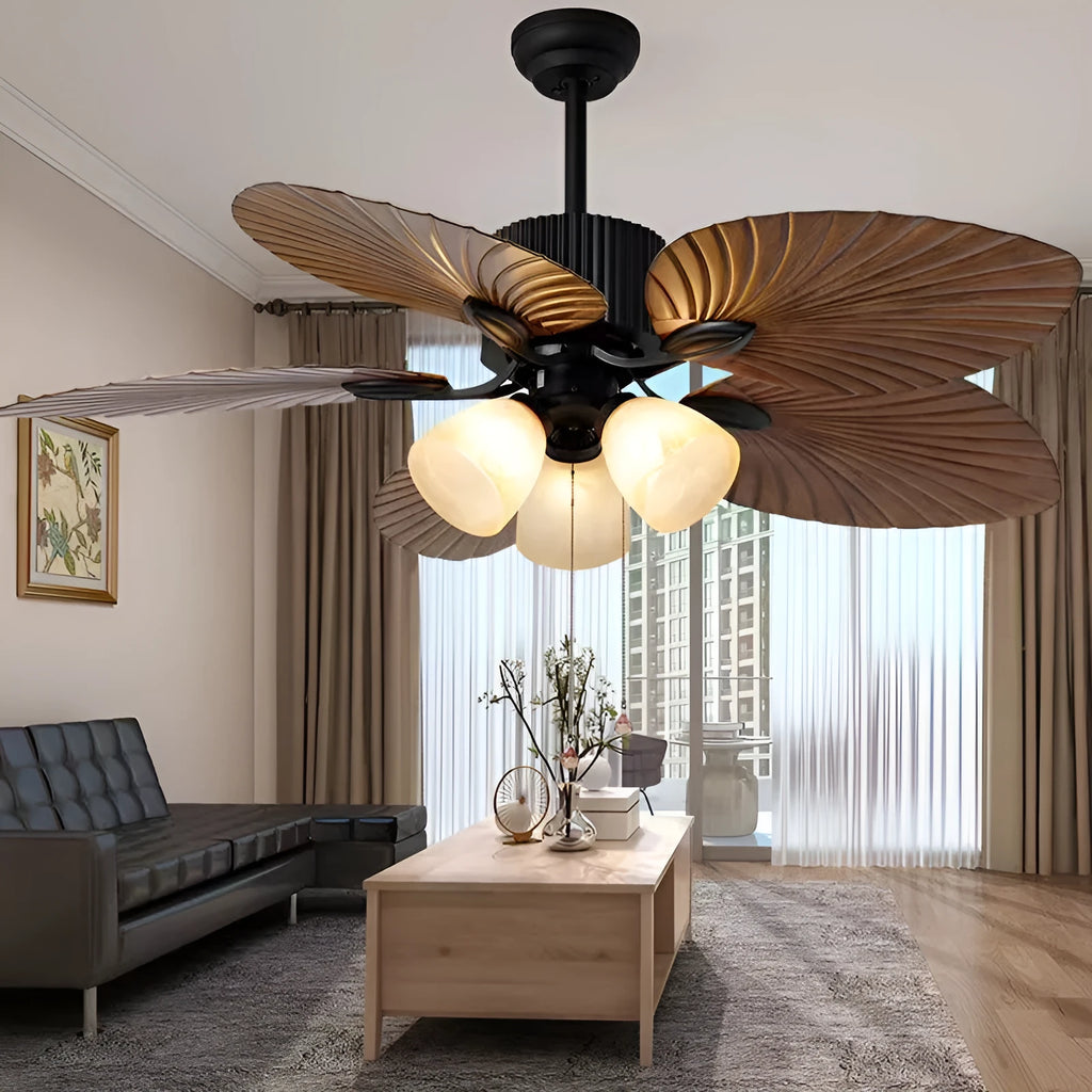 Retro-style ceiling fan light with wooden blades and five copper lampshades