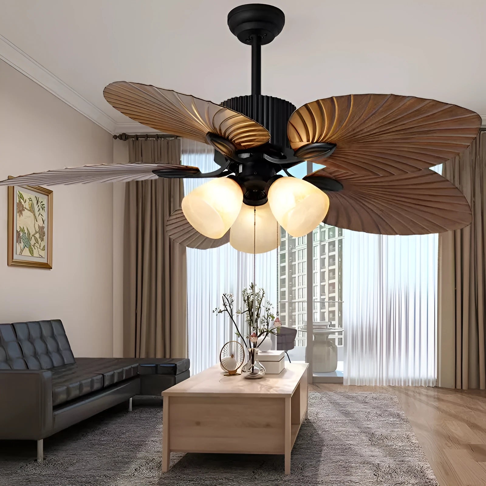 Retro-style ceiling fan light with wooden blades and five copper lampshades