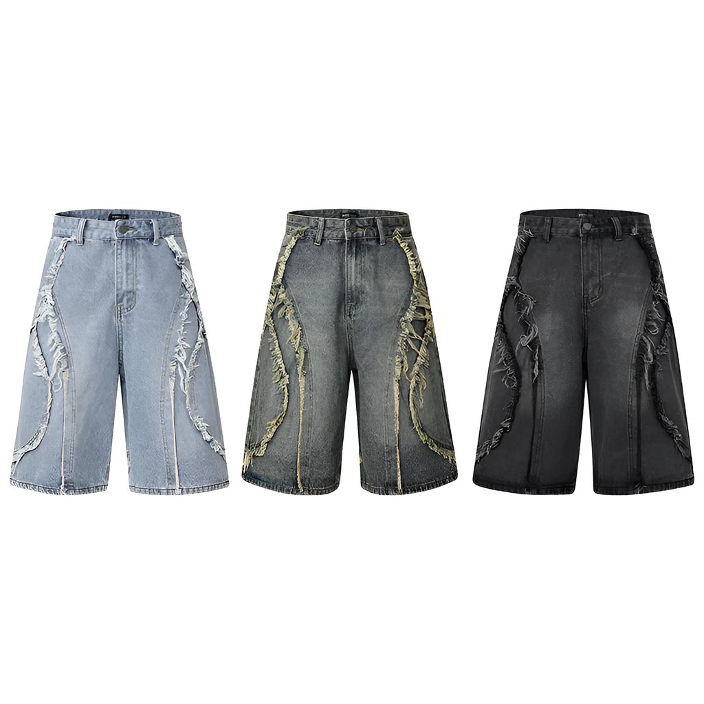Men's distressed light blue denim shorts with raw-edge hem and straight-leg cut on a neutral background.