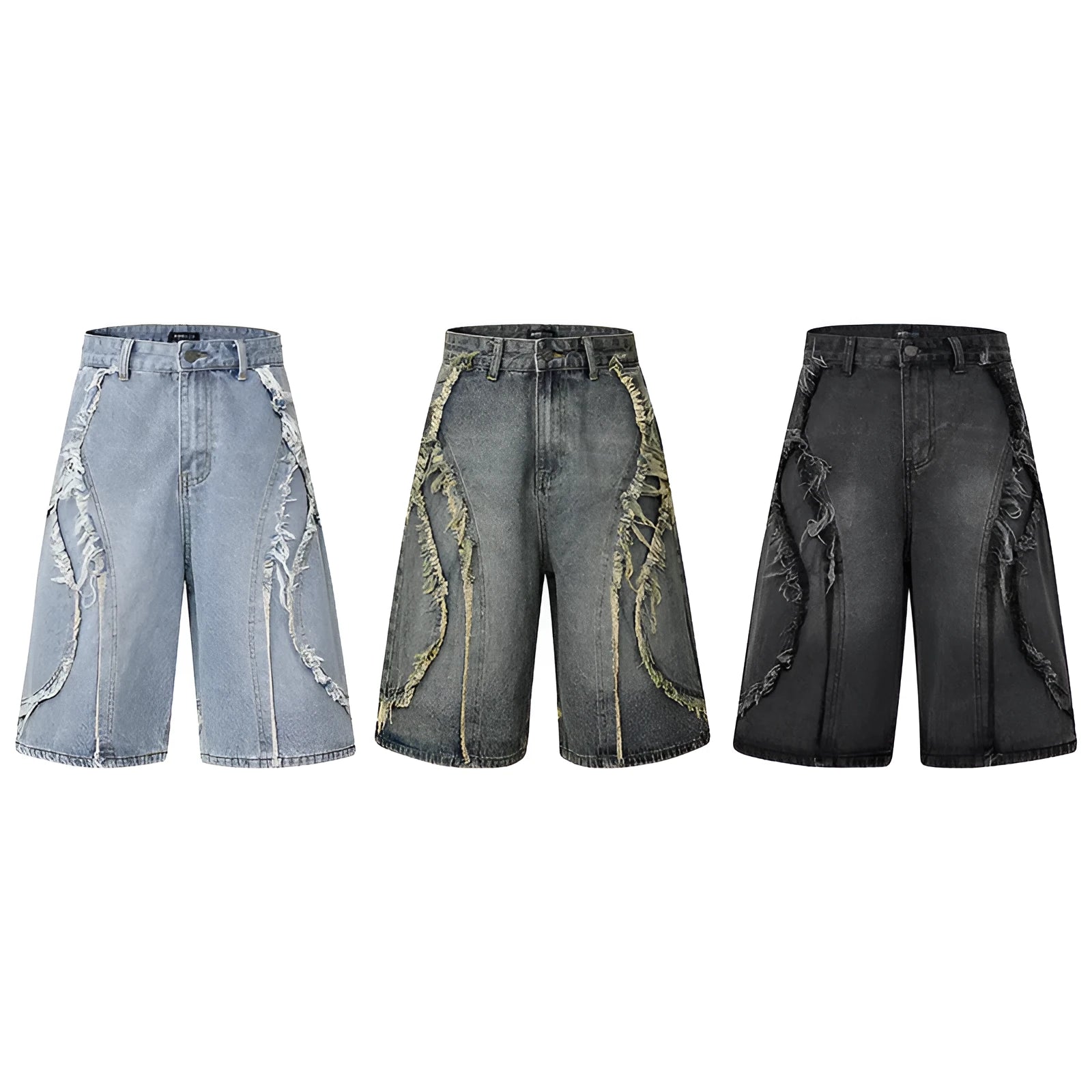 Men's distressed light blue denim shorts with raw-edge hem and straight-leg cut on a neutral background.