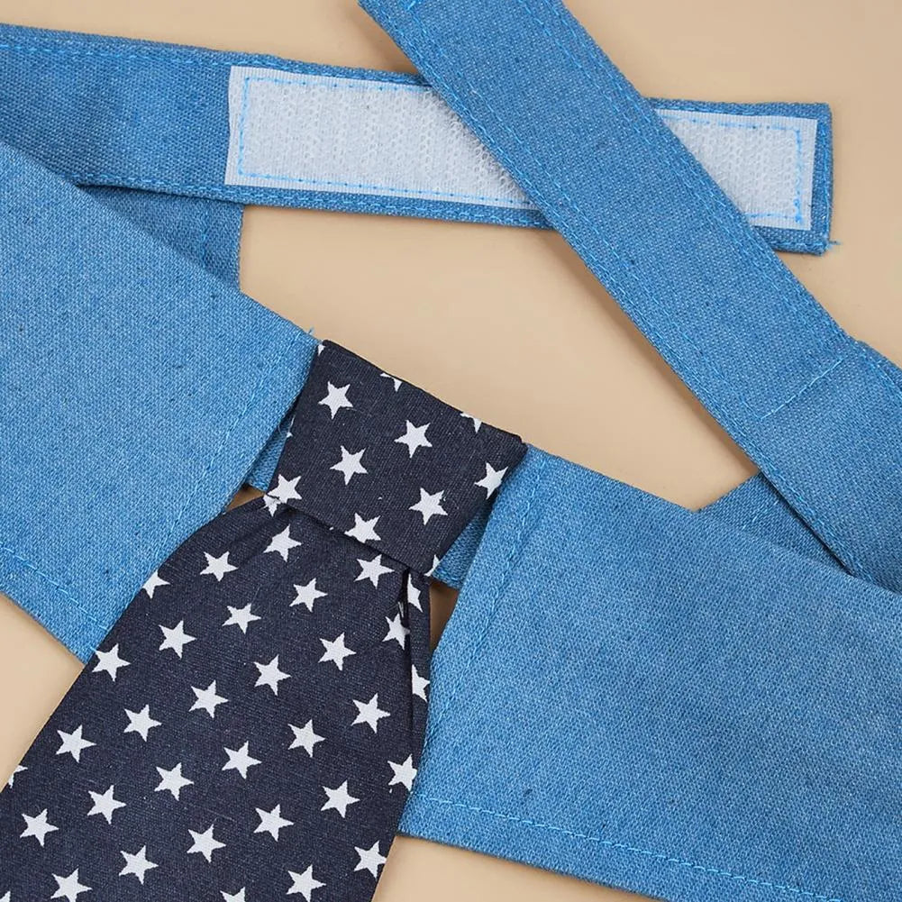 Denim pet collar with star pattern necktie, adjustable fastener tape, on a light background