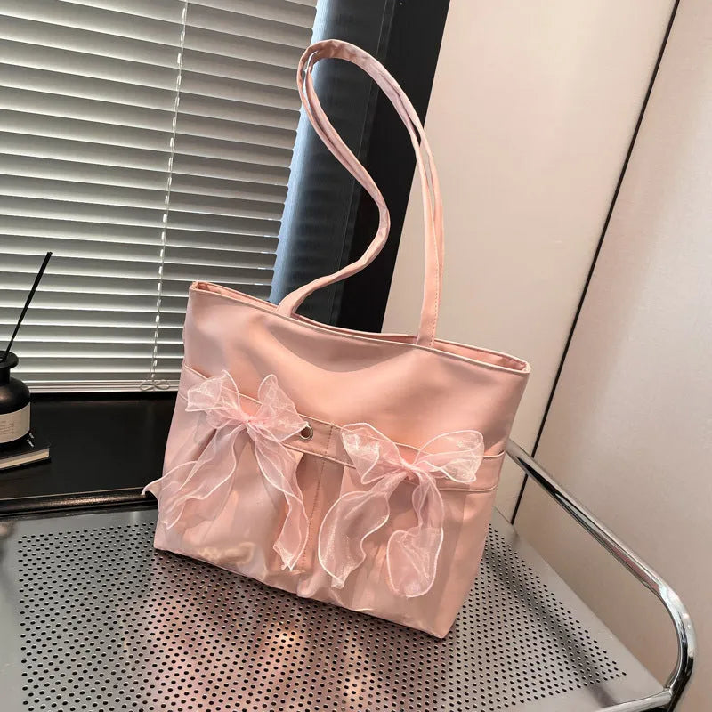 College style bow tote bag in black PU with double straps large capacity for women