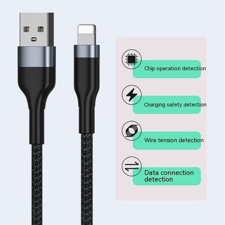 Braided fast charge data cable 2m in black with Type-C connector on a white background