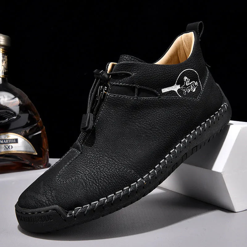 Men's leather casual shoes with mid-heel in black, blue, green, or khaki colours