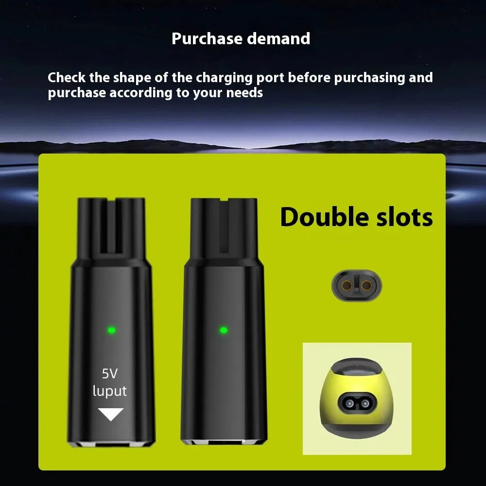 USB-C charging adapter for electric shavers with aluminium alloy housing in black and grey options
