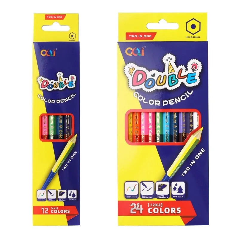 Set of wooden colour pencils with double-headed leads shown in 12-piece and 6-piece options.
