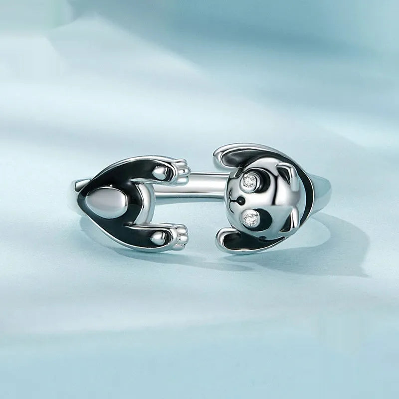 Adjustable panda sterling silver ring with white gold plating and open bracelet design
