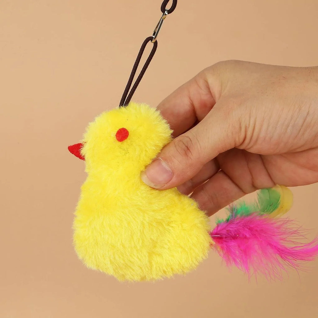 Gray creative interactive cat toy hanging on door frame with treat-dispenser bulb and dangling mouse toy