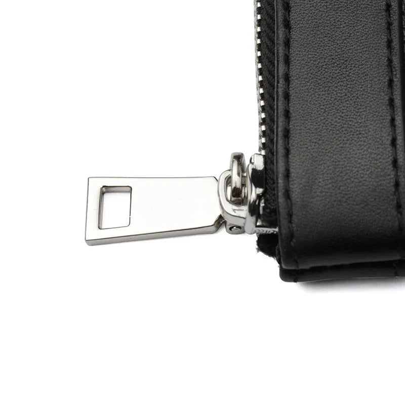Men's black genuine cowhide leather clutch wallet showing front view, 20cm by 10cm in size.