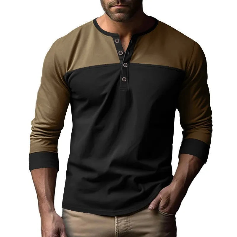Retro long-sleeve henley collar bottoming shirt in solid beaded twill with colour-matching detail