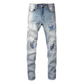 Bright white washed distressed cat beard patch ripped slim straight leg mid waist jeans cotton denim