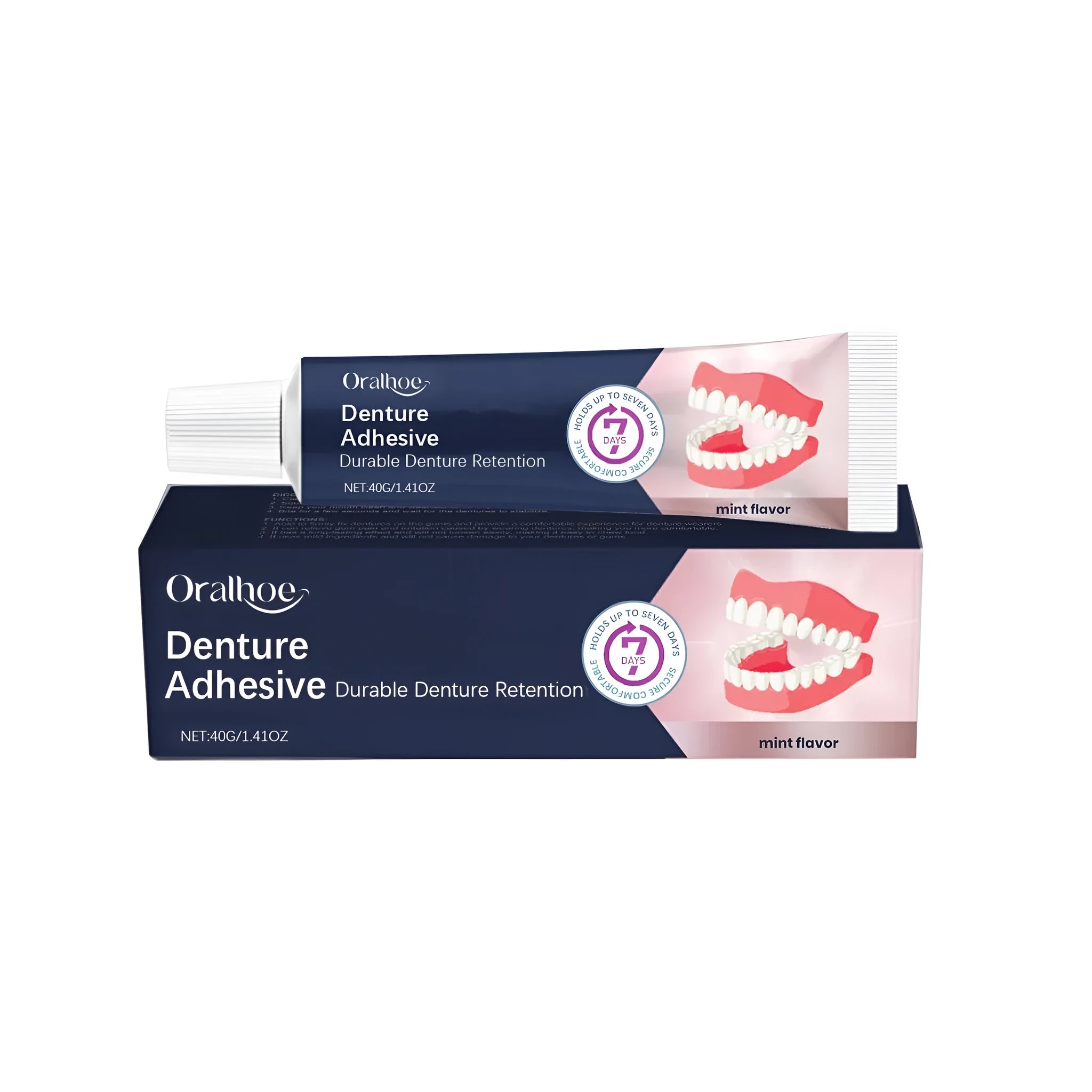 40g tube of denture fixing adhesive cream with strong hold and menthol.