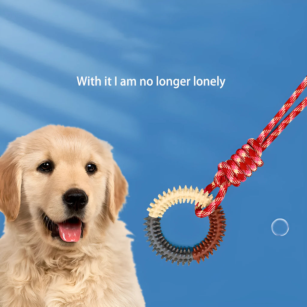 Blue braided rope dog toy with knots, shown next to a red and a rose red version for size comparison.