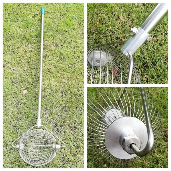 Stainless steel golf ball picker with open claw design on metallic background