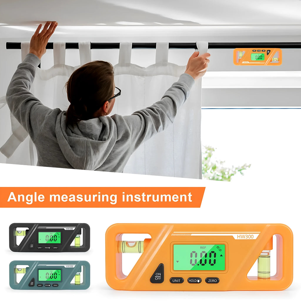 Digital magnetic inclinometer angle gauge showing display, placed on a metal surface.