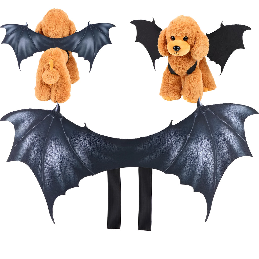 Black cloth bat wing costume for dogs and cats on a Halloween background.