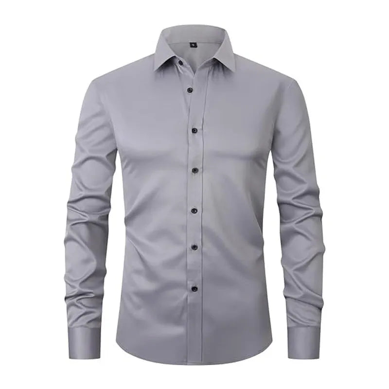 Men's stretch long sleeve work shirt in polyester on a hanger